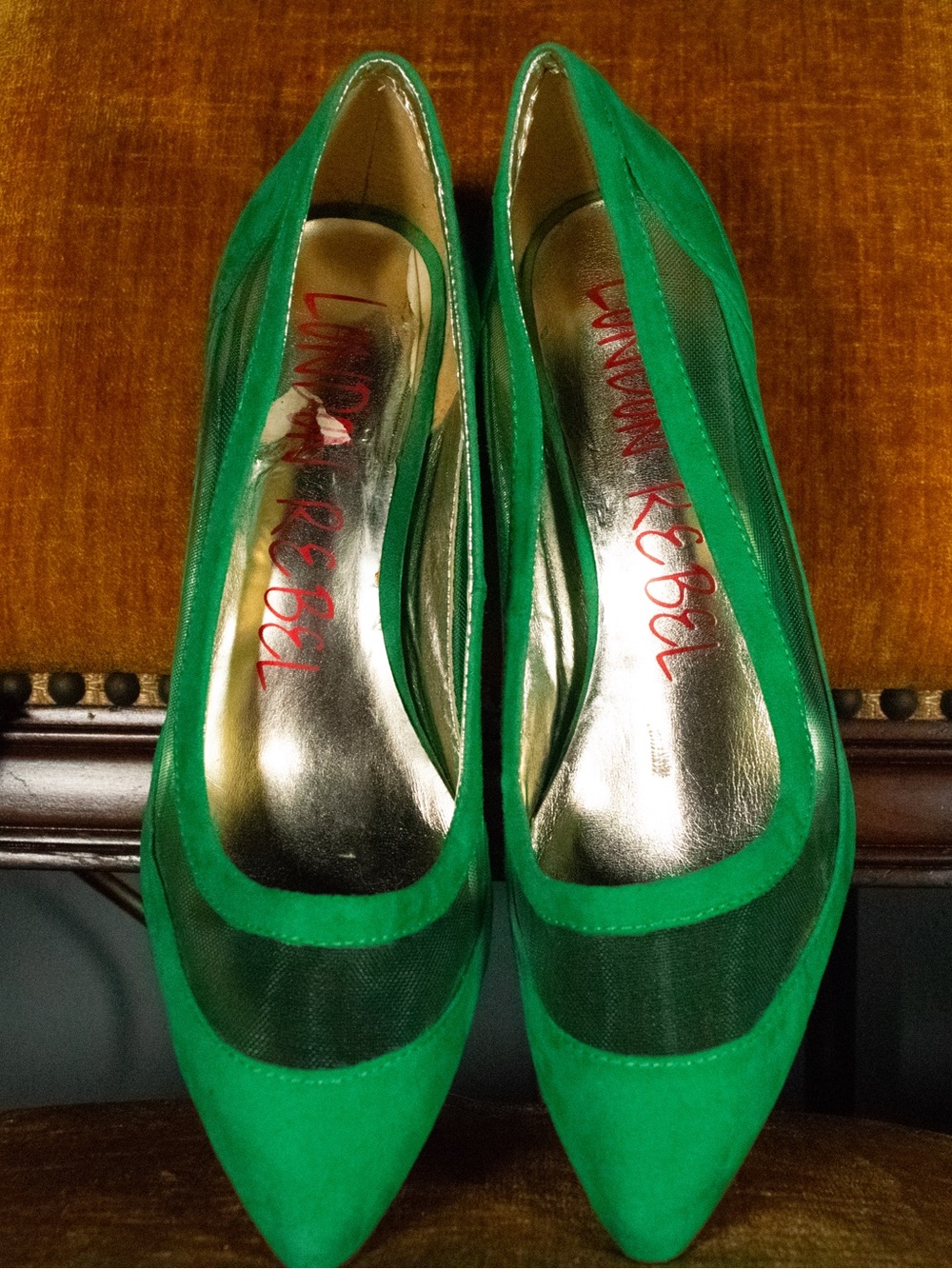London Rebel Kelly Green Mesh Panel Pointed Toe Pumps